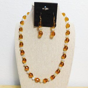 Handmade Amber Faceted Glass Beaded Necklace & Earrings - 20"